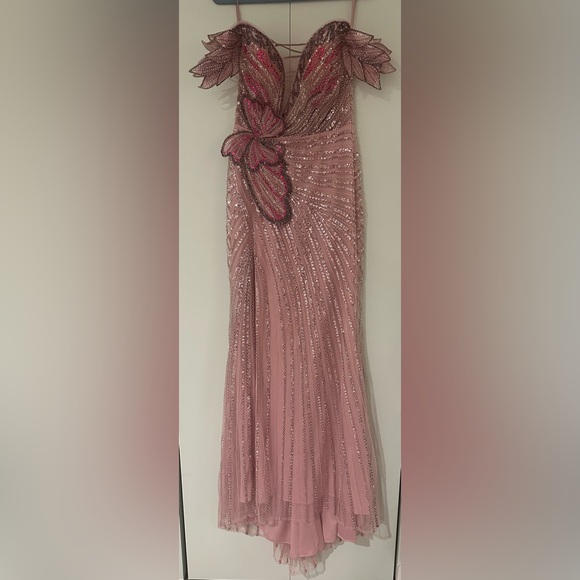 SHEIN Size M Light Pink Butterfly High Slit Off-Shoulder Mermaid Maxi Dress - Picture 8 of 12